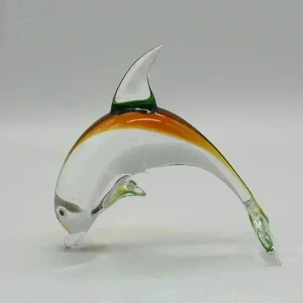 SET OF 2 ART GLASS ORANGE GREEN/VIOLET ORANGE DELPHINS FIGURINE FOR DECORATION - Picture 3 of 5